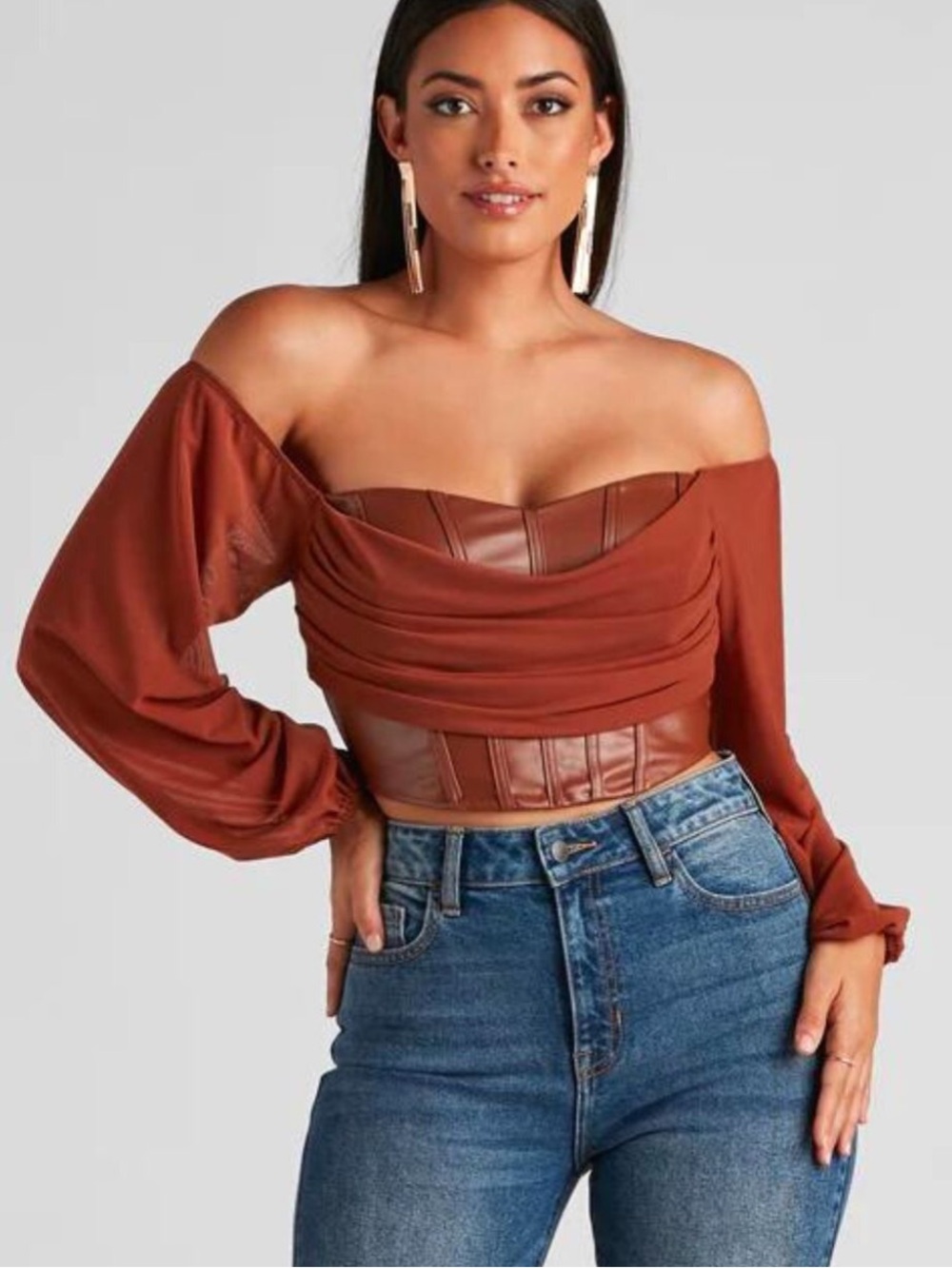 Windsor Off-Shoulder Rust Crop Top with Faux-Leather Corset